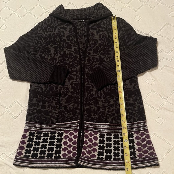 Y2K Open Front Cardigan Black Grey Purple Print Sz M Pockets Ribbed Collar Cozy - Picture 6 of 9